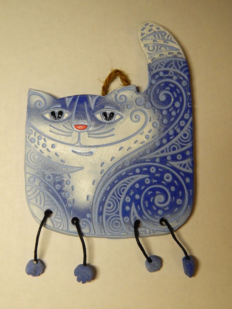 Ceramic mini-wall Ornamental Cat. Blue cat. Red Cat. Ceramic Wall Art. Cat Wall Hanging. Hand Made Ceramics. Ceramic wall hanging decor. image 2
