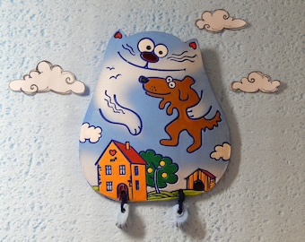 Ceramic wall Kind cat. Cat with a dog. Ceramic Wall Art. Cat Wall Hanging. Hand Made Ceramics. Ceramic wall hanging decor.