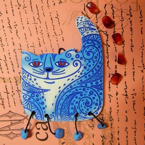 Ceramic mini-wall Ornamental Cat. Blue cat. Red Cat. Ceramic Wall Art. Cat Wall Hanging. Hand Made Ceramics. Ceramic wall hanging decor. image 4