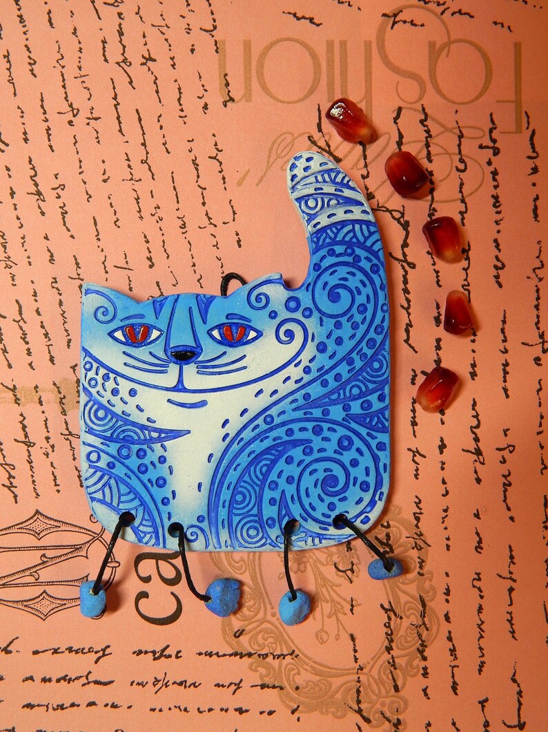 Ceramic mini-wall Ornamental Cat. Blue cat. Red Cat. Ceramic Wall Art. Cat Wall Hanging. Hand Made Ceramics. Ceramic wall hanging decor. image 4