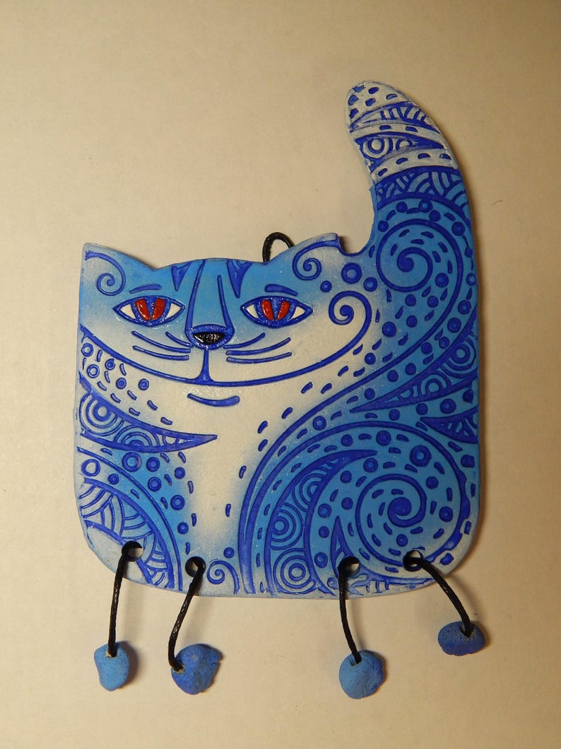 Ceramic mini-wall Ornamental Cat. Blue cat. Red Cat. Ceramic Wall Art. Cat Wall Hanging. Hand Made Ceramics. Ceramic wall hanging decor. image 5