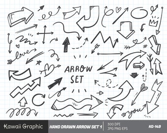 May include: A set of hand-drawn black arrows in various styles and sizes on a white background with a grid pattern. The text "ARROW SET" is written in black at the center of the image.