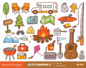 Cute CAMPING Clipart, kawaii clipart, cute vector, doodle clipart, cute doodle, digital download