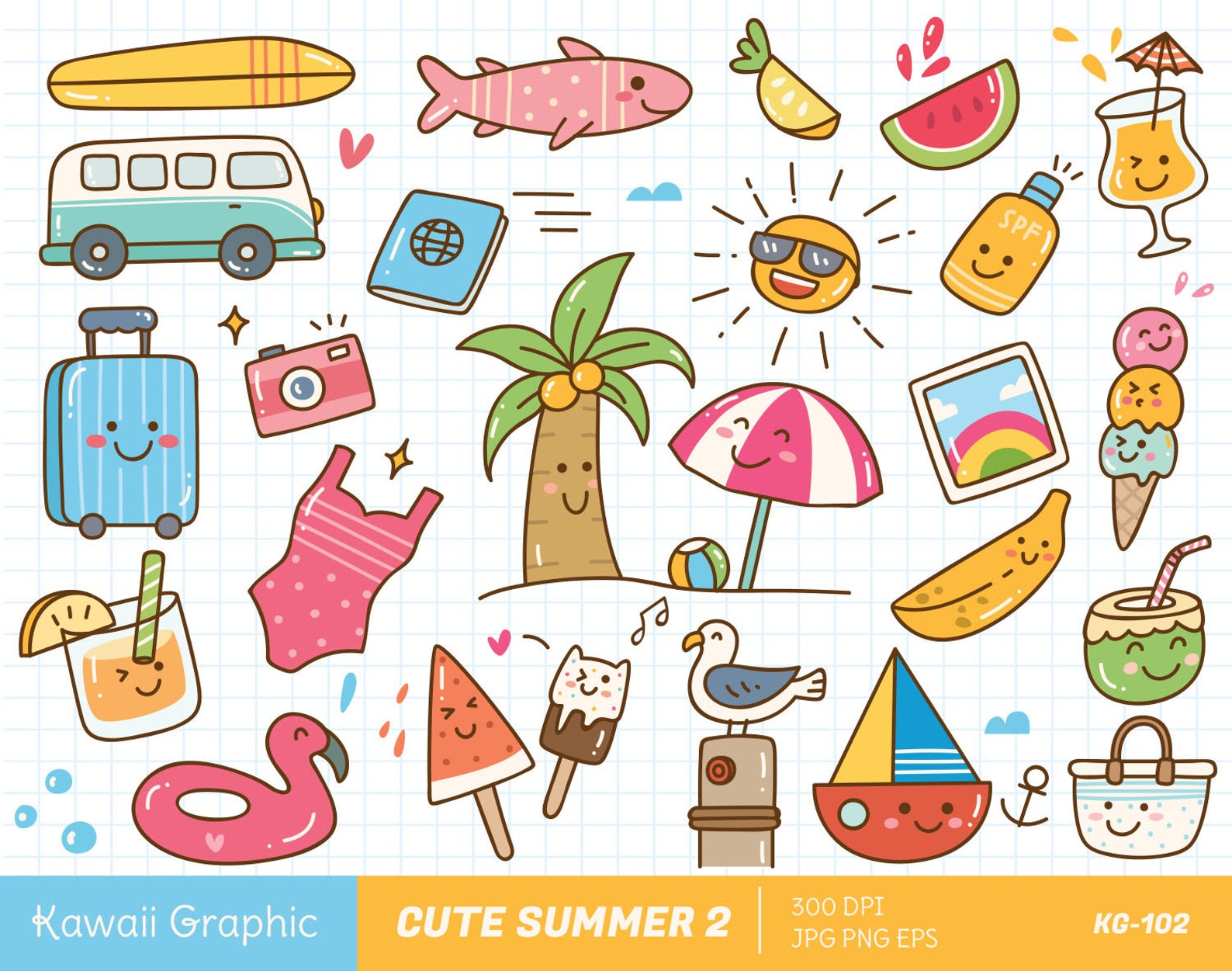 Cute SUMMER Clipart, Kawaii Clipart, Cute Vector, Doodle Clipart, Cute ...