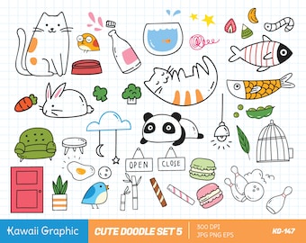 Clipart casuale Kawaii Doodle, clipart vettoriale carina, download digitale, adesivo carino