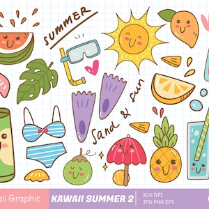 Mignon d’été Clipart, clipart kawaii, mignon vector, doodle clipart, doodle mignon, téléchargement numérique