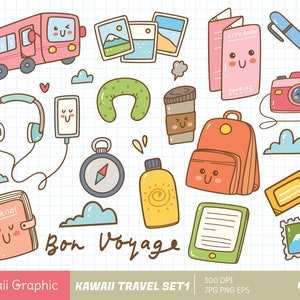Kawaii Doodle Travel Set clipart, cute vector clipart, digital download, cute sticker