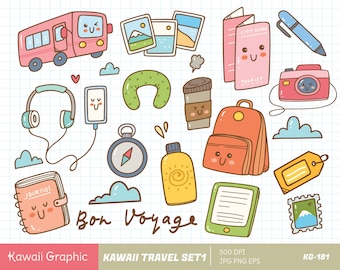 Kawaii Doodle Travel Set clipart, carino vettore clipart, download digitale, adesivo carino