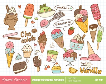 Carino gelato Kawaii Doodle clipart, clipart vettoriale carino, download digitale, adesivo carino