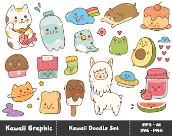 May include: A set of 16 kawaii doodle illustrations featuring a variety of cute characters and objects, including a cat, a llama, a frog, a cupcake, a bottle of water, a shop, a sock, an ice cream cone, a spaceship, a jar of jam, an avocado, a watermelon, a cloud, a rainbow, and a cake. The illustrations are drawn in a cartoon style with bright colors and simple lines.