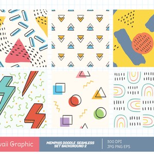 May include: Six colorful seamless patterns with geometric shapes, lines, and abstract designs. The patterns are in a retro 80s style and include colors like yellow, blue, red, green, and black.