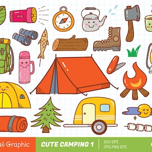 Cute CAMPING clipart, kawaii clipart, cute vector, doodle clipart, cute Doodle, digitale download