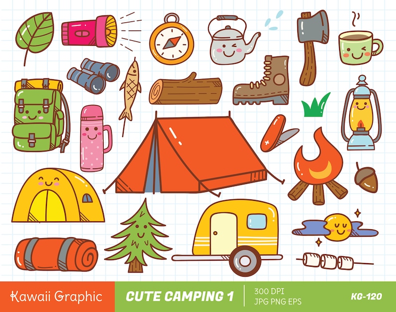 Cute CAMPING Clipart, Kawaii Clipart, Cute Vector, Doodle Clipart, Cute