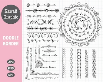 Könnte beinhalten: Schwarz-weiße Doodle-Border-Grafiken mit floralen, Pfeil- und geometrischen Designs. Das Bild enthält den Text "Kawaii Graphic" und "Doodle Border" sowie Dateityp-Indikatoren: JPG, PNG und EPS.