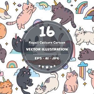 Cute Cat Unicorn Vector Doodle Clip Art, Kawaii Sticker, Design Element, Patch, Téléchargement numérique, Cartoon Kitty
