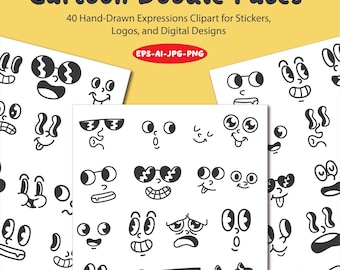 Caras de dibujos animados: 40 expresiones dibujadas a mano para calcomanías, logotipos y diseños digitales