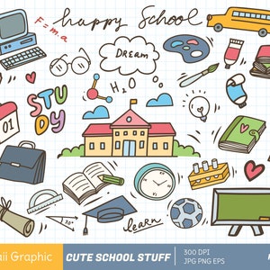 May include: A colorful doodle illustration of school supplies, including a school building, a book, a pencil, a ruler, a globe, a calculator, a computer, a paint palette, a paint tube, a light bulb, a graduation cap, a soccer ball, a backpack, a calendar, a clock, a scroll, a heart, a notebook, a test tube, a chalkboard, and the words "happy school", "dream", "study", "H2O", and "learn".