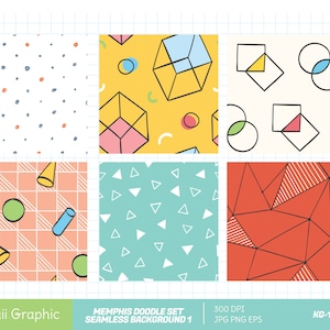 May include: Six different seamless patterns in a Memphis style. The patterns feature geometric shapes, lines, and dots in a variety of colours, including yellow, blue, red, green, and white.