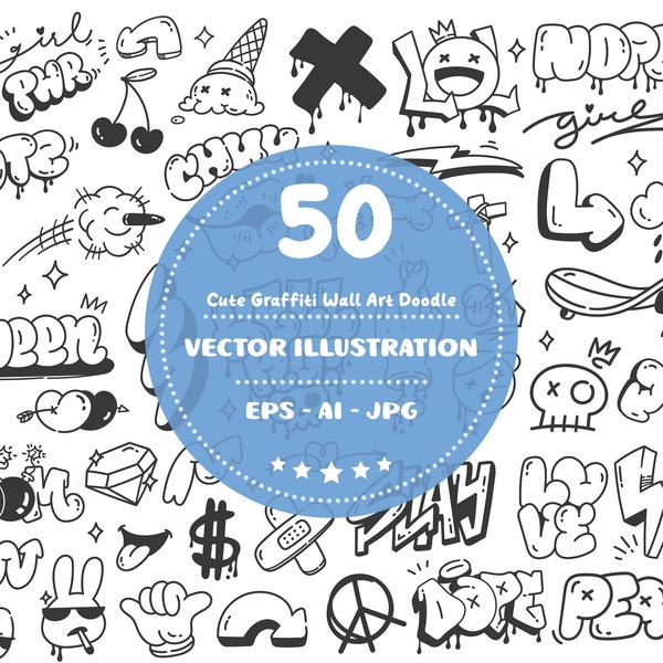 Cute Graffiti Wall Art Collection, Design Element, Doodle Clip Art, Vector Art, Digital Sticker, Digital Download