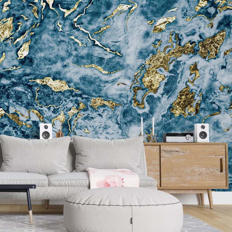 Blue and Gold Wallpaper Peel and Stick Removable Wallpaper - Etsy