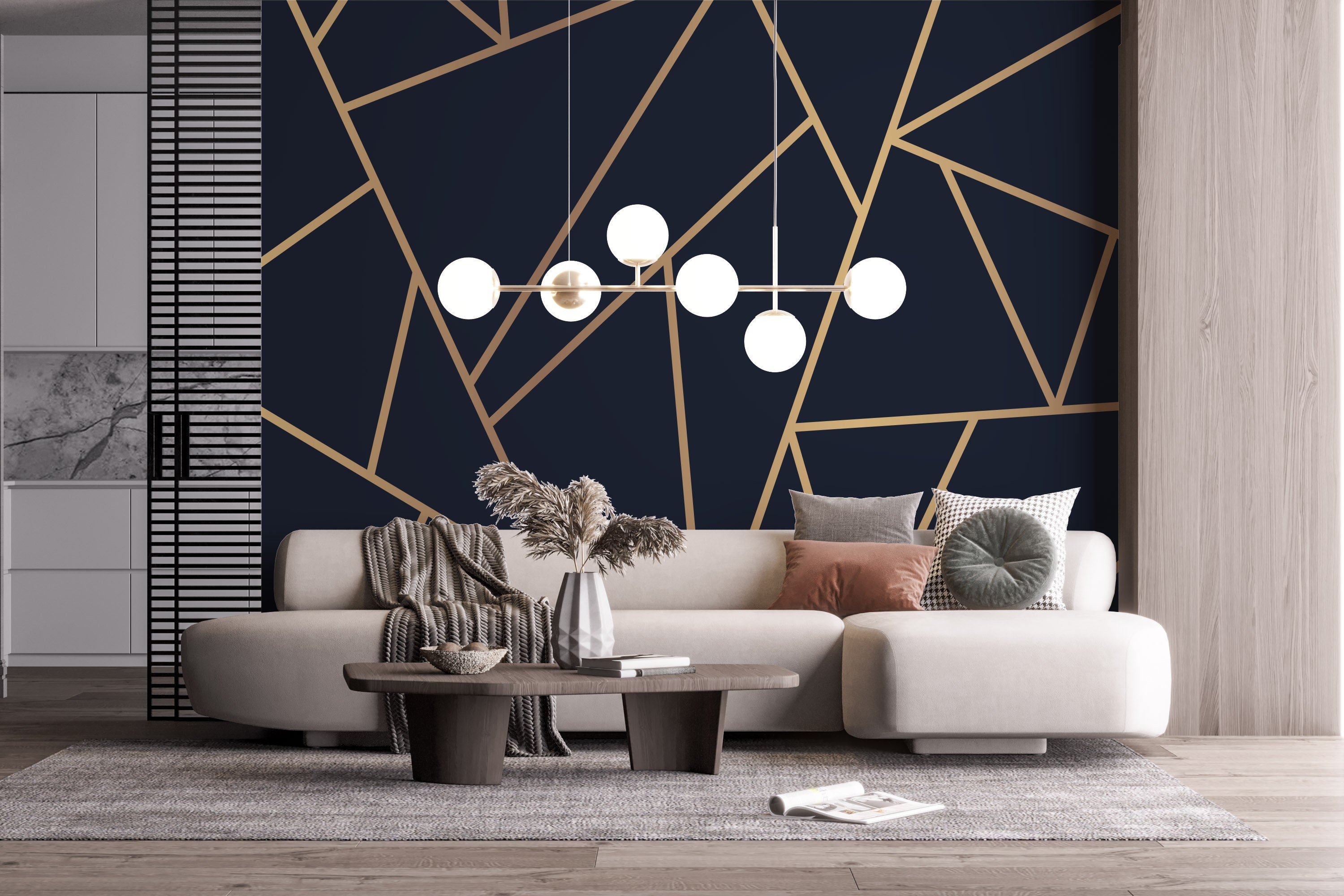 Navy Blue and Gold Geometric Wallpaper Peel and Stick Etsy