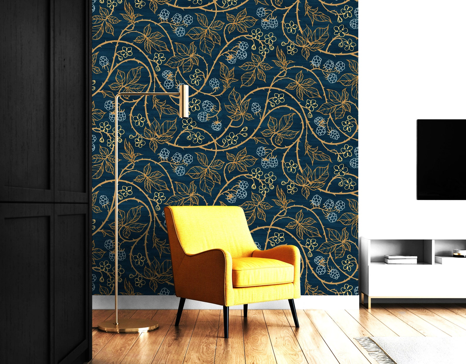 Blue and Gold Wallpaper Floral Wallpaper Peel and Stick | Etsy