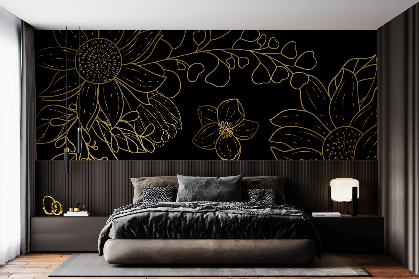 Black Gold Floral Wallpaper Peel and Stick Mural Dark Floral - Etsy