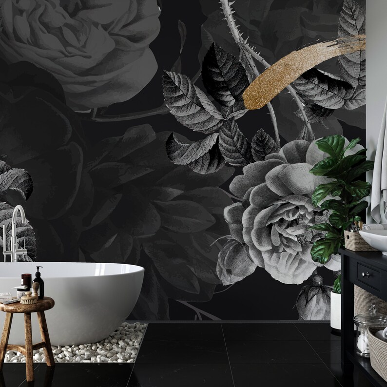 Black Gold Floral Modern Wallpaper Peel and Stick Wallpaper - Etsy