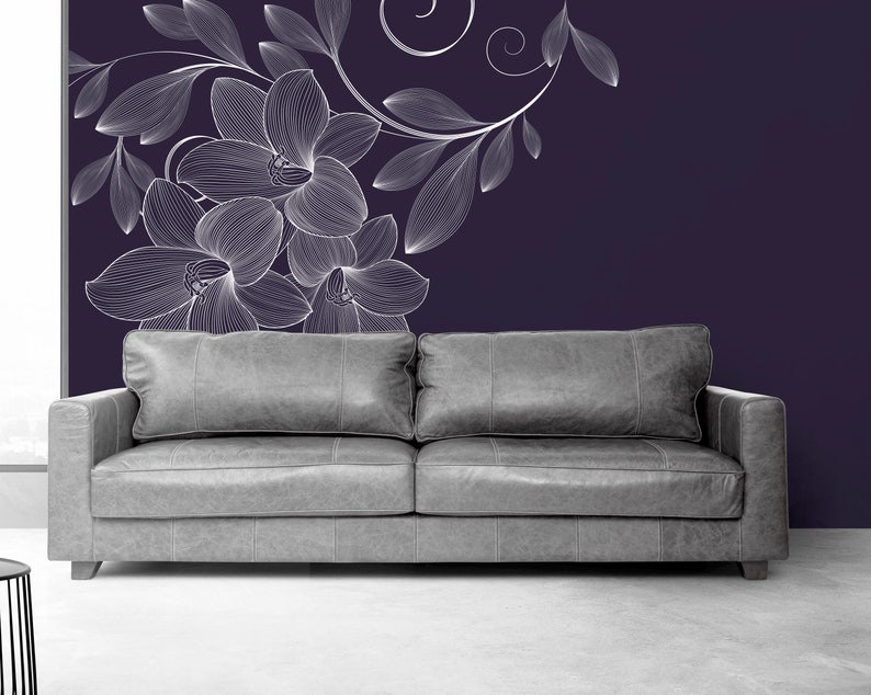 Navy Blue Floral Wall Mural Removable Wallpaper Temporary Etsy