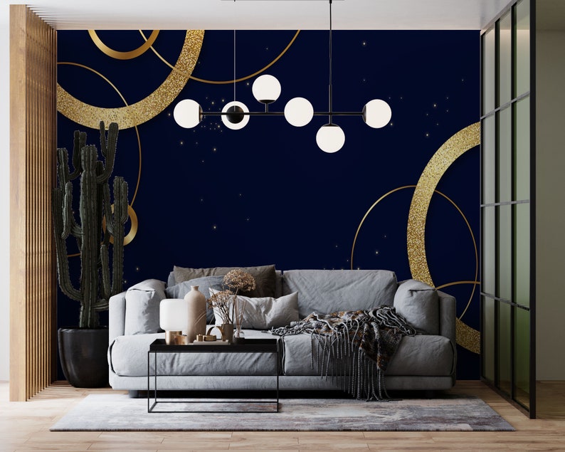 Navy Blue Gold Wallpaper Peel Stick Wallpaper Art Deco Etsy