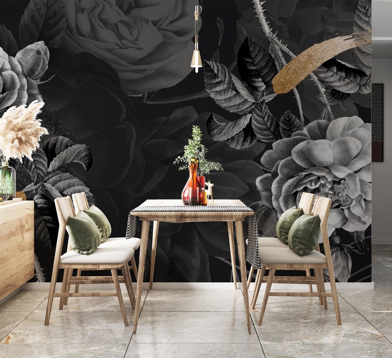 Black Gold Floral Modern Wallpaper Peel and Stick Wallpaper - Etsy