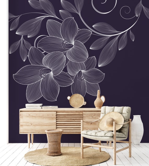 Navy Blue Floral Wall Mural Removable Wallpaper Temporary Etsy
