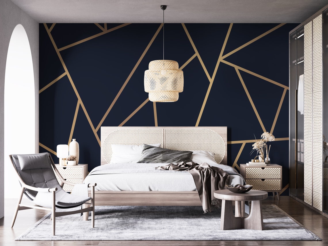 Navy Blue and Gold Geometric Wallpaper Peel and Stick Etsy