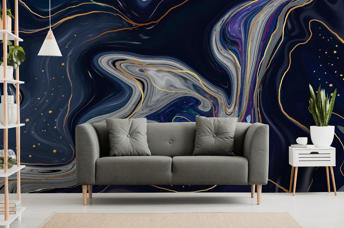 Blue Gold Abstract Marble Wallpaper Peel and Stick Wallpaper - Etsy