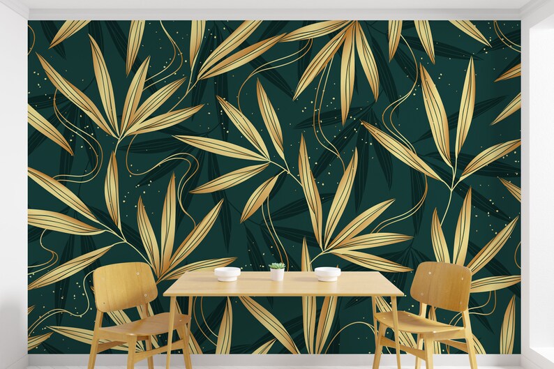 Green and Gold Tropical Wallpaper Peel and Stick Wallpaper Etsy
