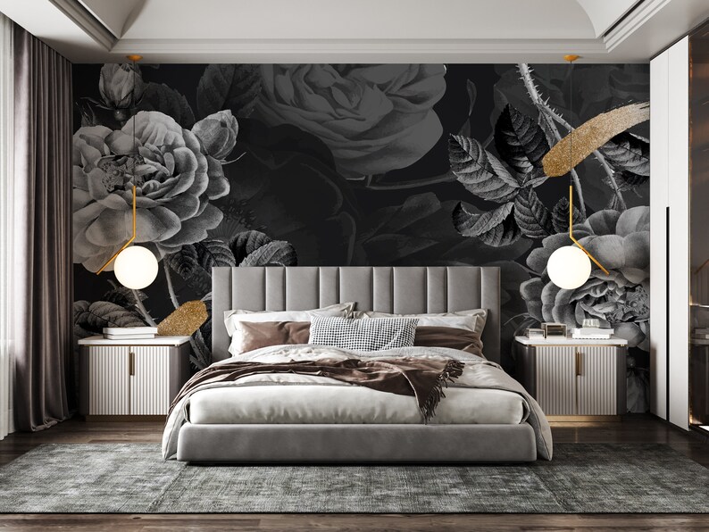 Black Gold Floral Modern Wallpaper Peel and Stick Wallpaper - Etsy