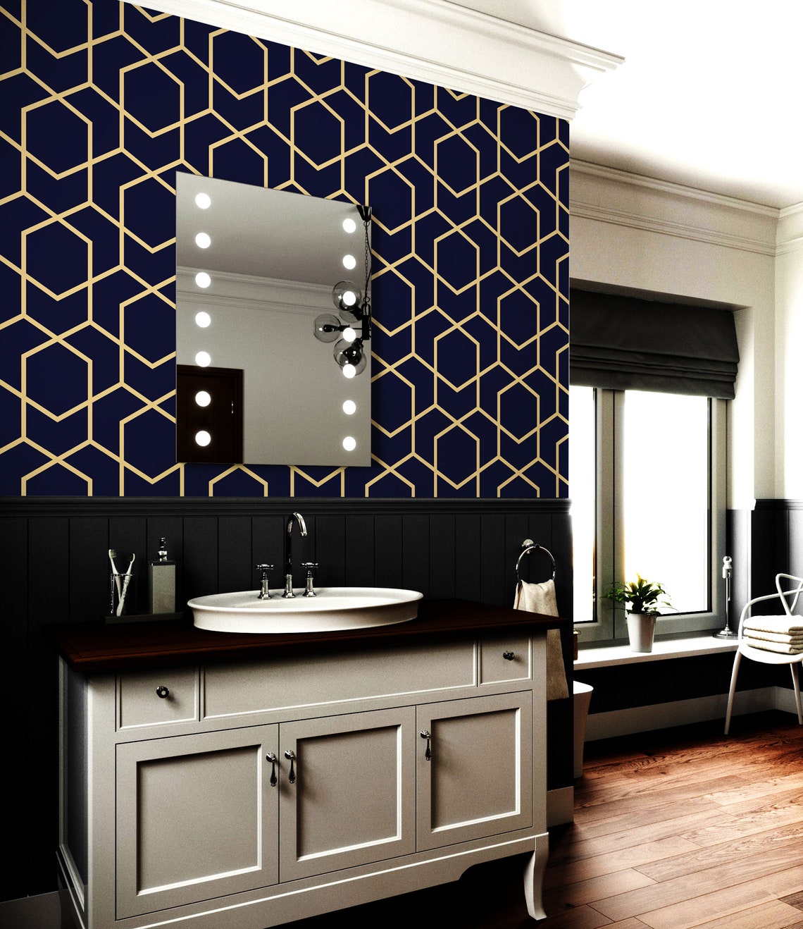 Navy Blue Wallpaper Art Deco Wallpaper Adhesive Wallpaper Etsy