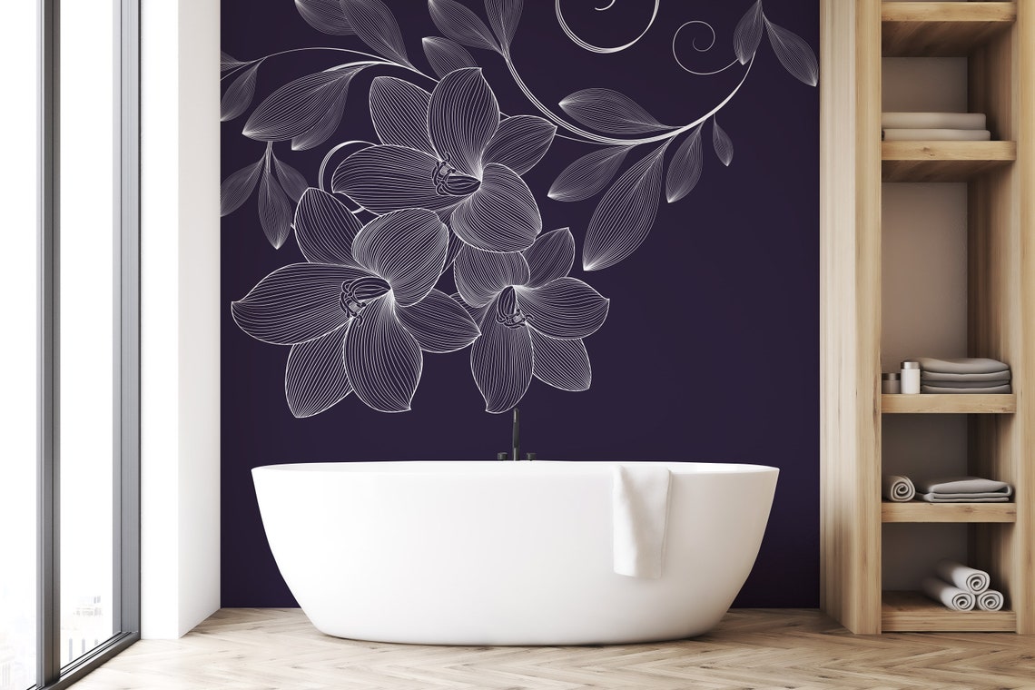 Navy Blue Floral Wall Mural Removable Wallpaper Temporary Etsy