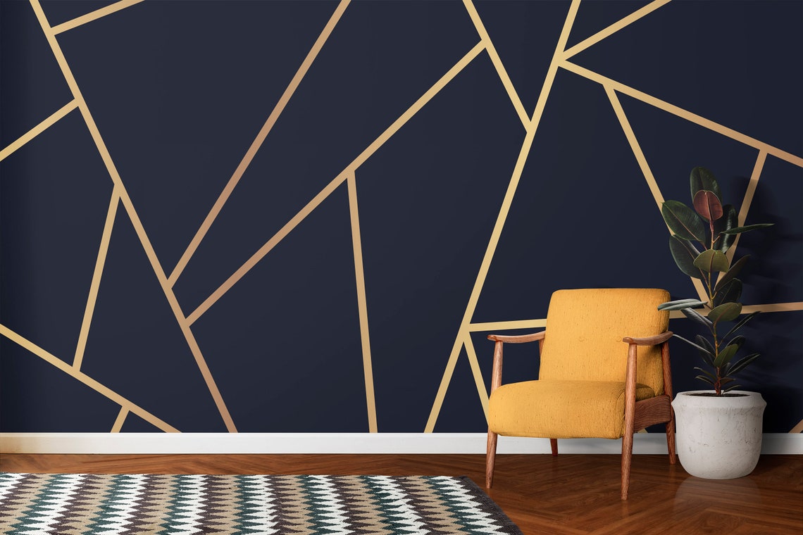 Navy Blue and Gold Geometric Wallpaper Peel and Stick Etsy