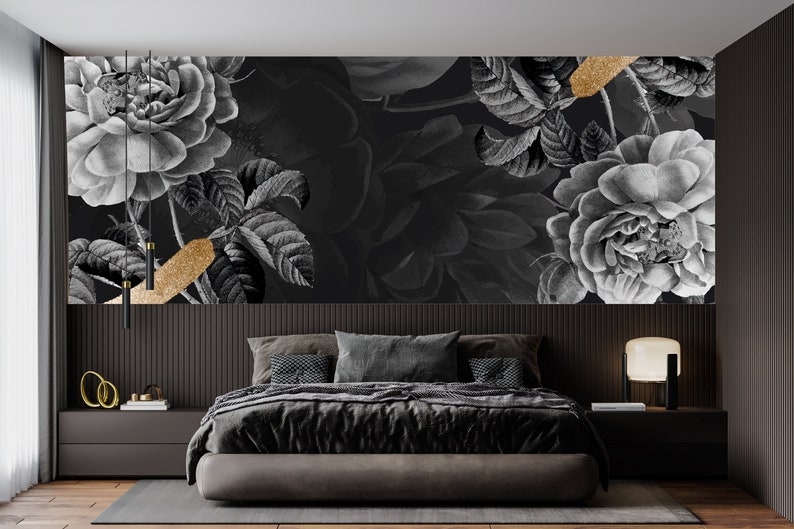 Black Gold Floral Modern Wallpaper Peel and Stick Wallpaper - Etsy