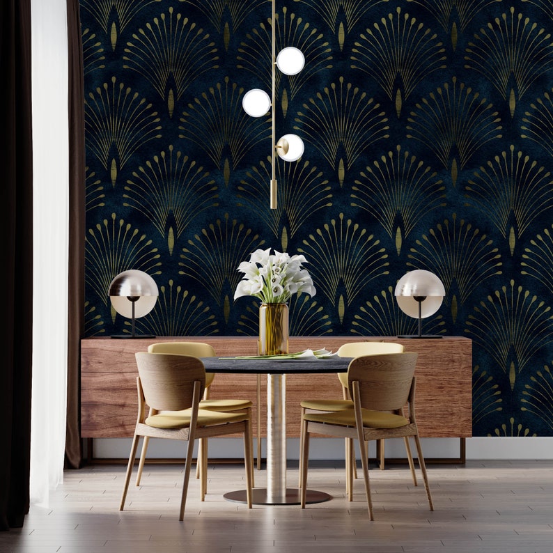 Navy Blue Gold Art Deco Wallpaper Peel and Stick Removable - Etsy UK