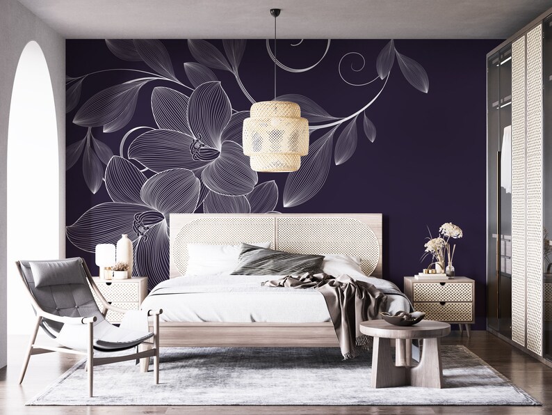 Navy Blue Floral Wall Mural Removable Wallpaper Temporary Etsy