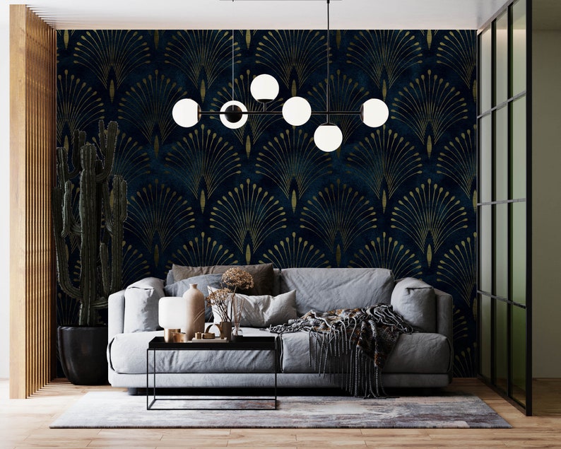 Navy Blue Gold Art Deco Wallpaper Peel and Stick Removable Etsy UK