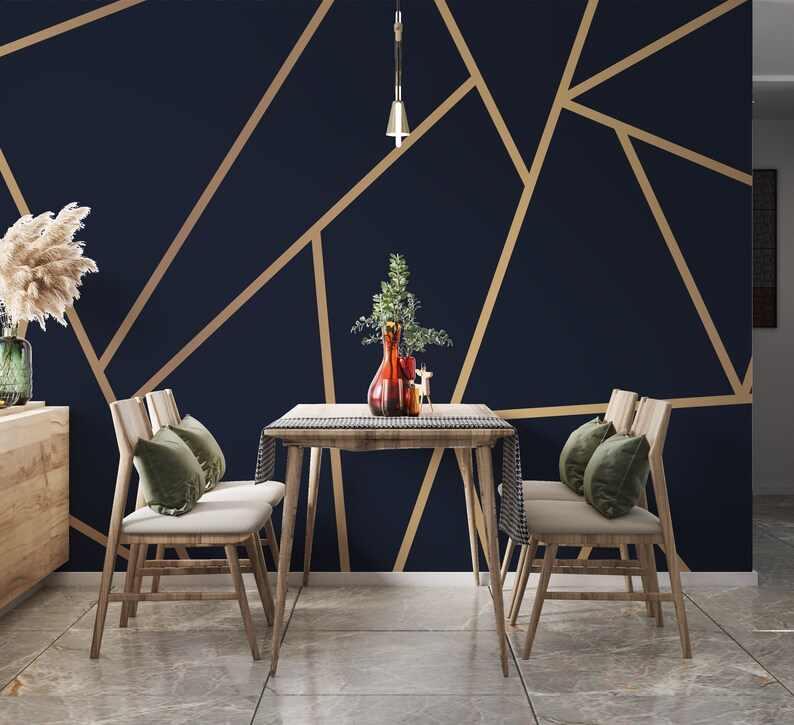 Navy Blue and Gold Geometric Wallpaper Peel and Stick Etsy