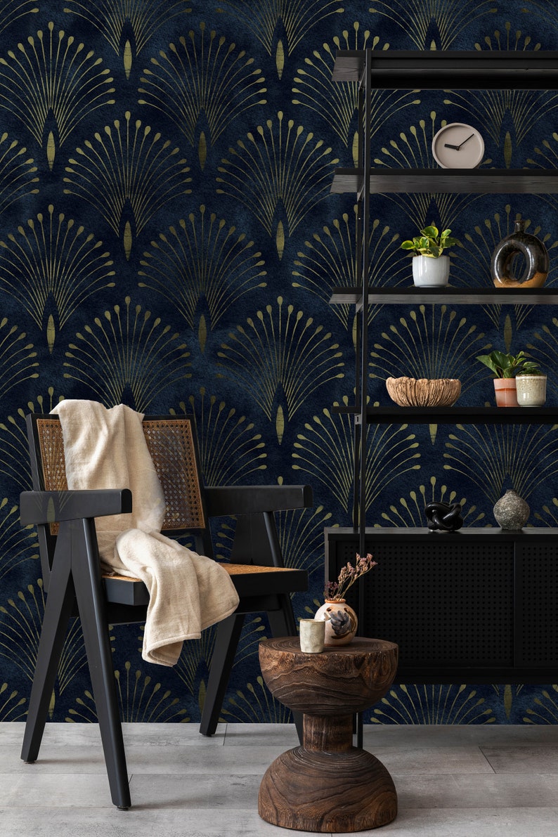 Navy Blue Gold Art Deco Wallpaper Peel and Stick Removable Etsy UK