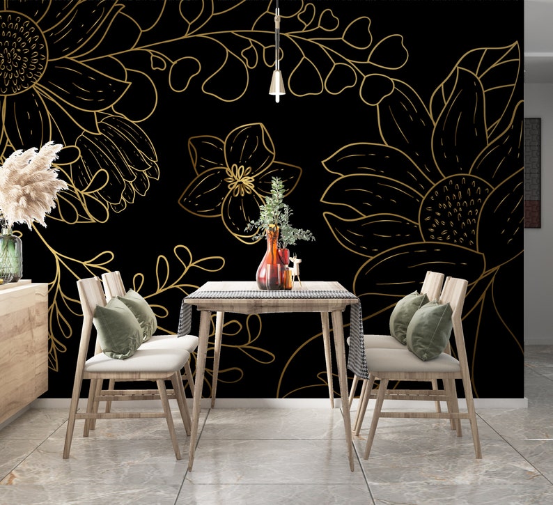 Black Gold Floral Wallpaper Peel and Stick Mural Dark Floral - Etsy