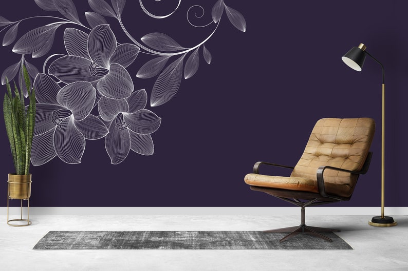 Navy Blue Floral Wall Mural Removable Wallpaper Temporary Etsy