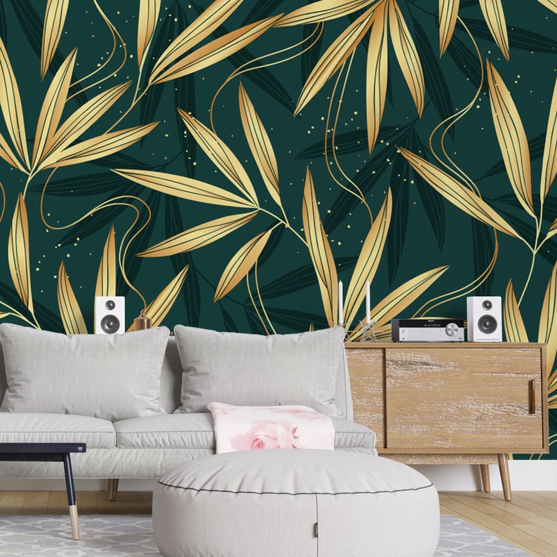 Green and Gold Tropical Wallpaper Peel and Stick Wallpaper Etsy