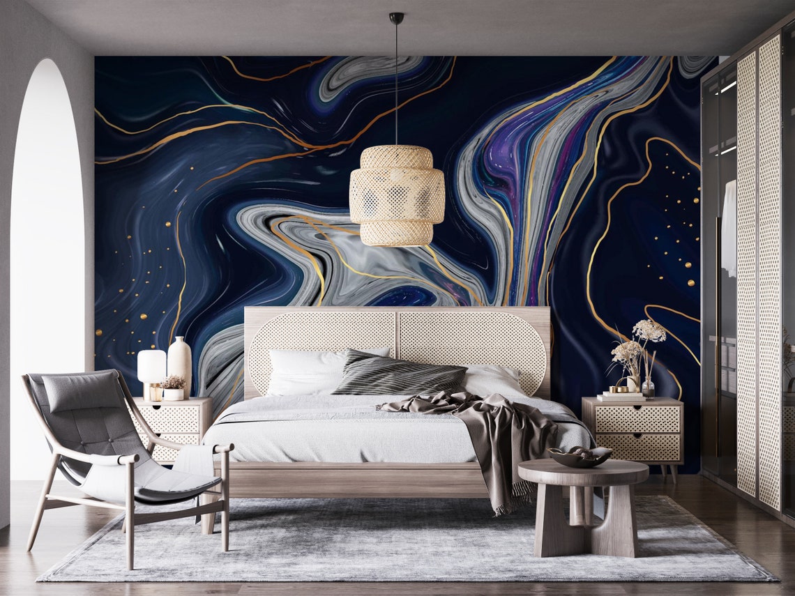 Blue Gold Abstract Marble Wallpaper Peel and Stick Wallpaper - Etsy