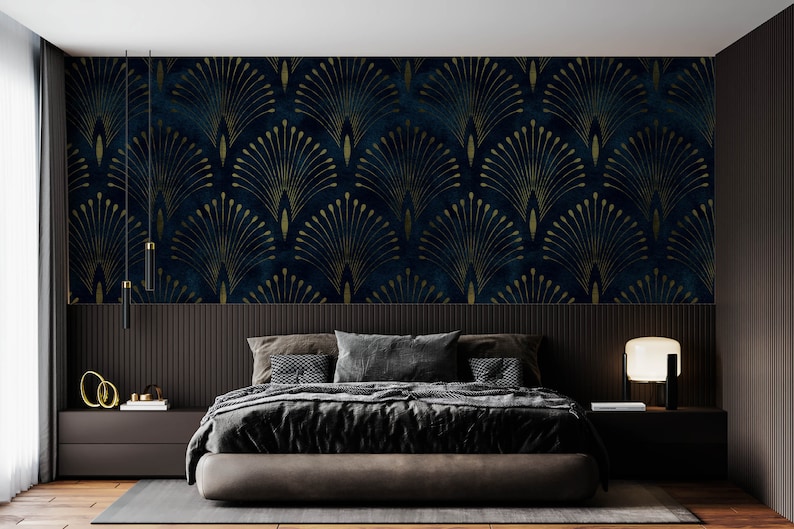 Navy Blue Gold Art Deco Wallpaper Peel and Stick Removable - Etsy UK
